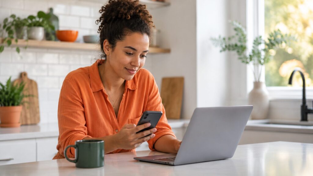 person at a kitchen counter with a phone and a laptop