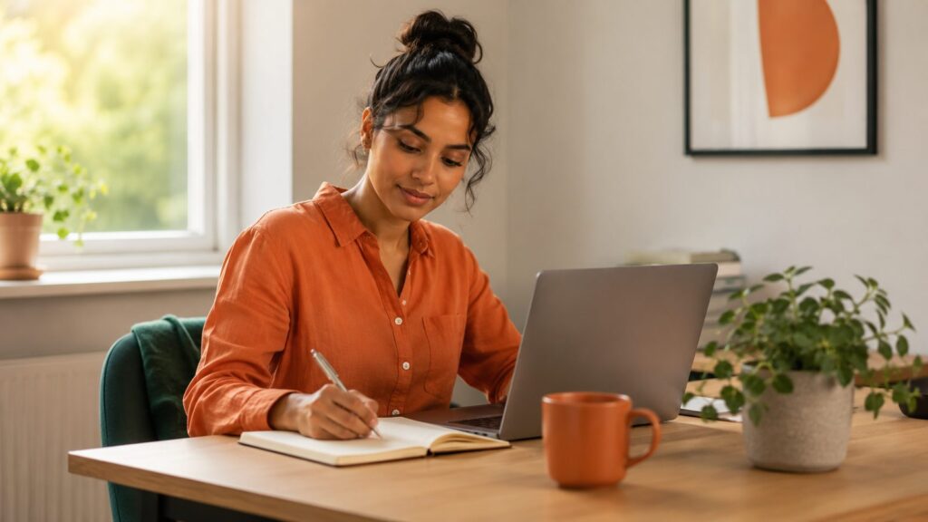 person freelancing at a home desk with a notebook and coffee