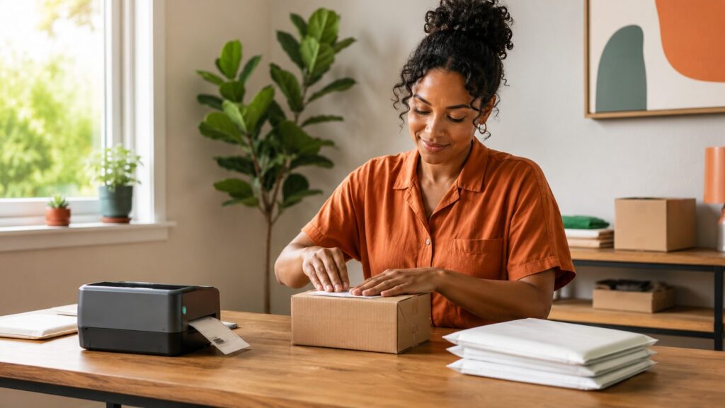 person packing a small parcel at a home business table