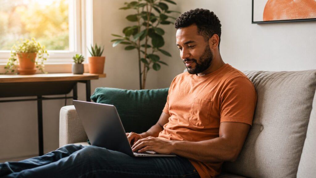 person working on a laptop on a couch in a home office