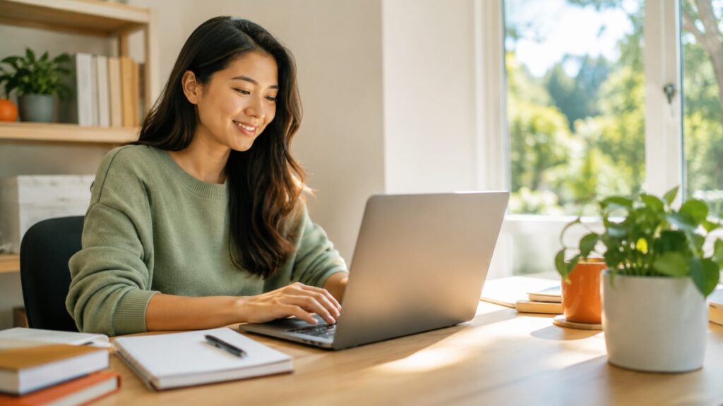 person building a portfolio sample at a tidy home desk