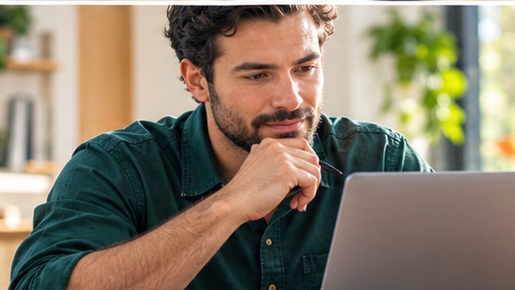 person thoughtfully reviewing work at a bright desk