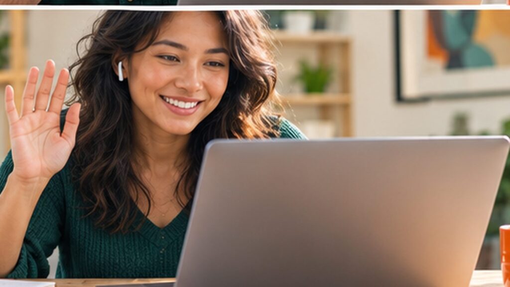 person waving on a friendly video call at a home desk