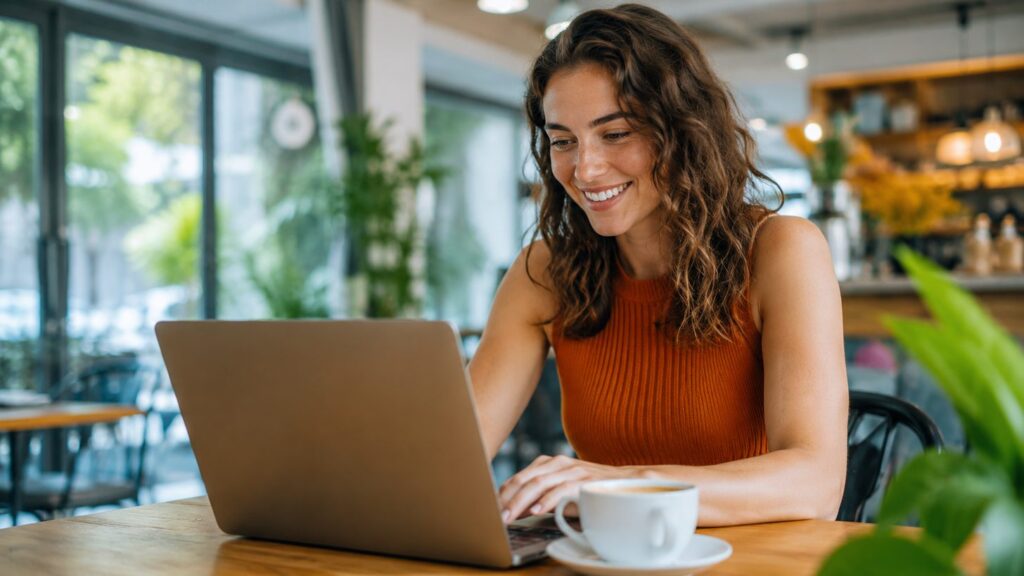 person smiling while working on a laptop at a bright cafe
